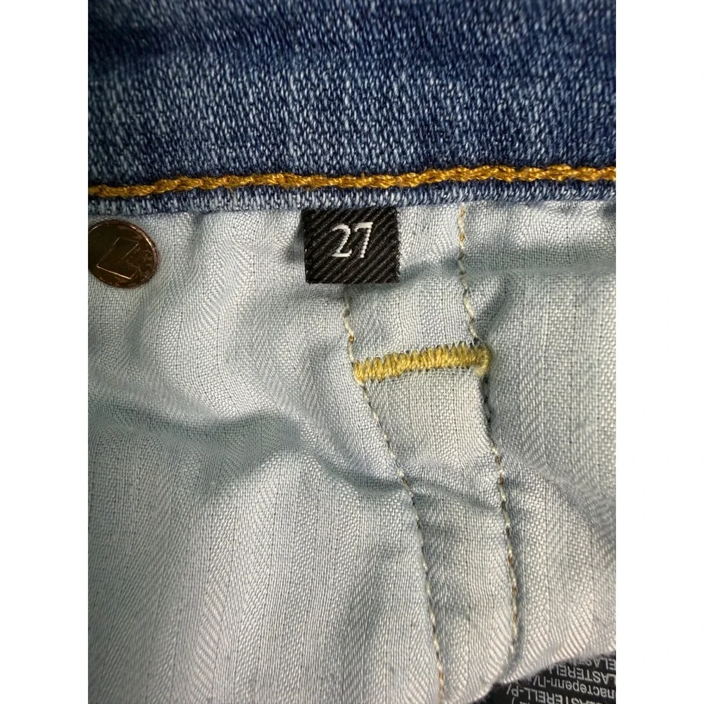7 For All Mankind Distressed Skinny Jeans Blue Ripped Knee High Rise Size 27‎